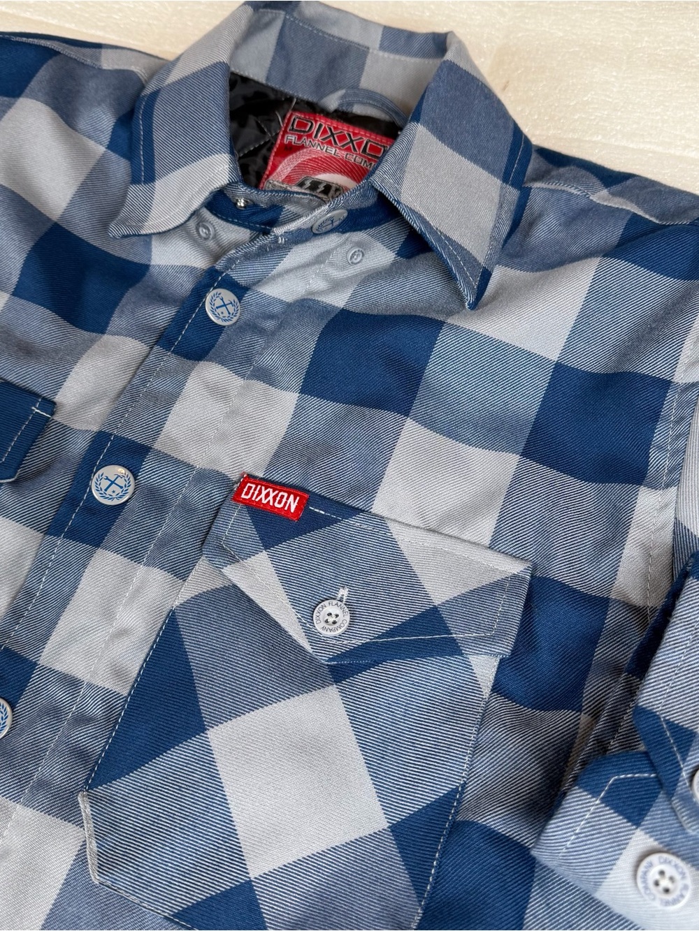 Dixxon Mancave Jacket Mens Medium Blue Gray Plaid Quilted Flannel Lined Workwear